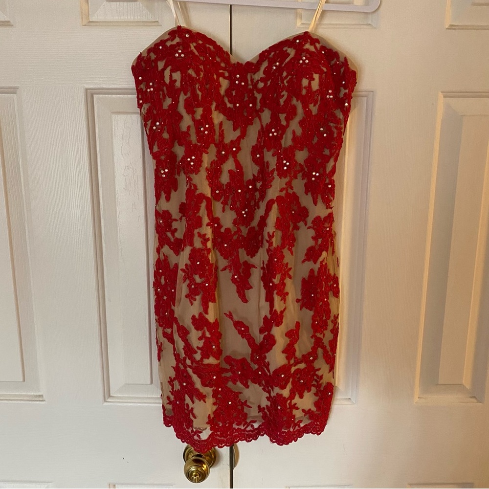 XScape red lace floral/embellished party dress, size 8